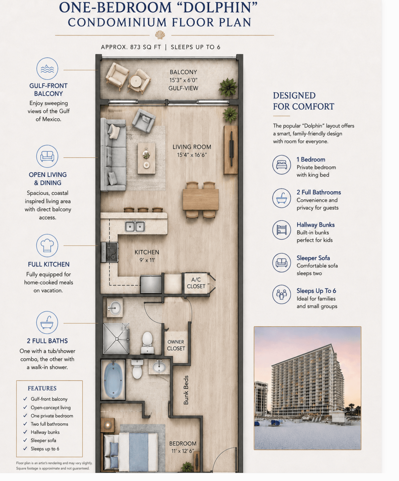 Illustrated Dolphin-style one-bedroom floor plan with balcony, living room, kitchen, two bathrooms, hallway bunks and bedroom