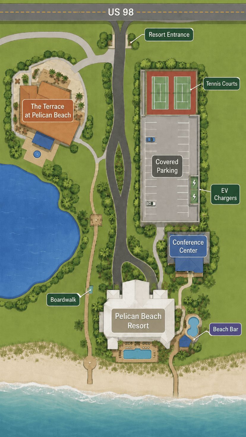 Illustrated orientation map showing US-98, Pelican Beach Resort, The Terrace, parking, courts, pools, boardwalk and beach