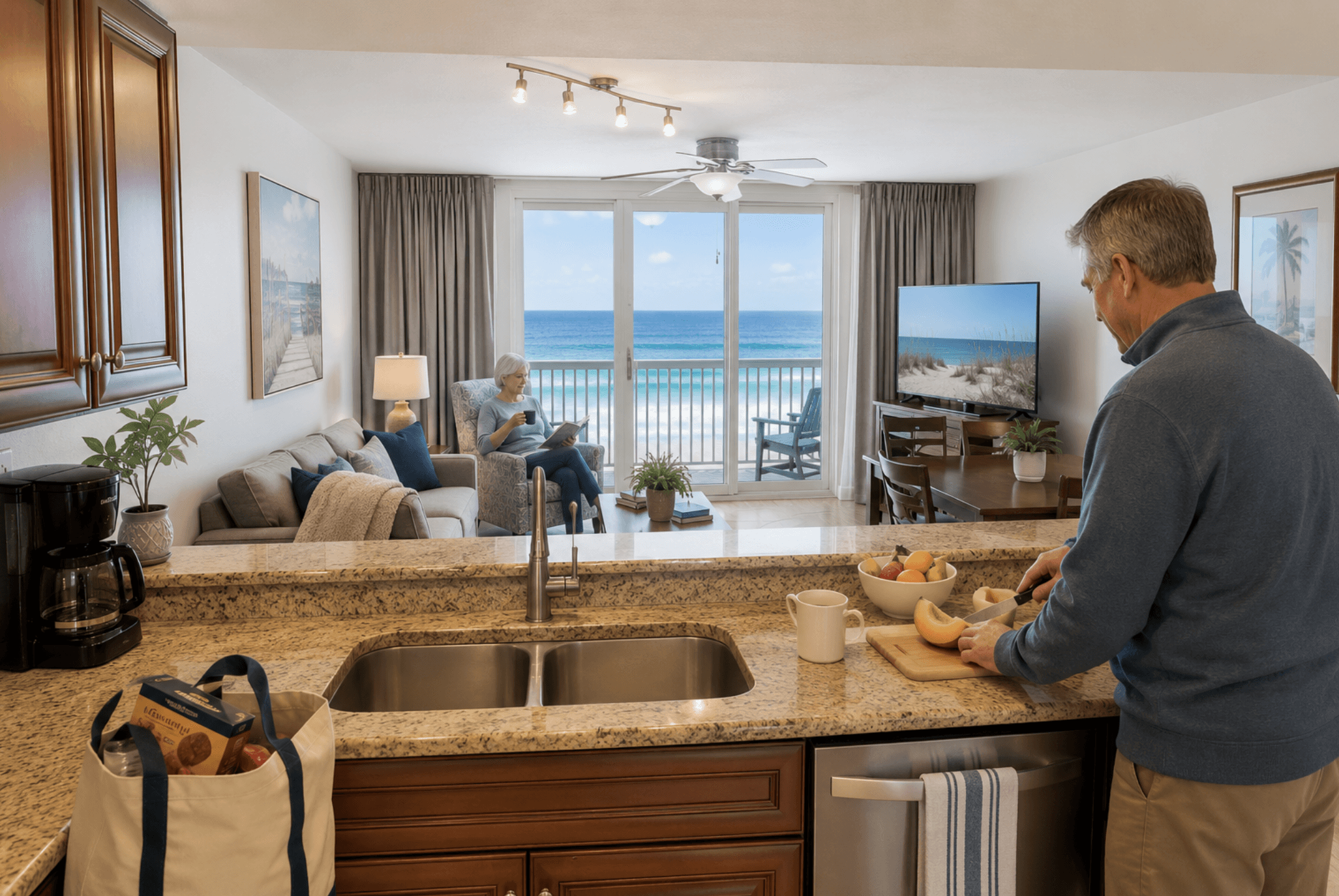 Snowbird couple enjoying everyday winter life inside a Gulf-front condo with a full kitchen