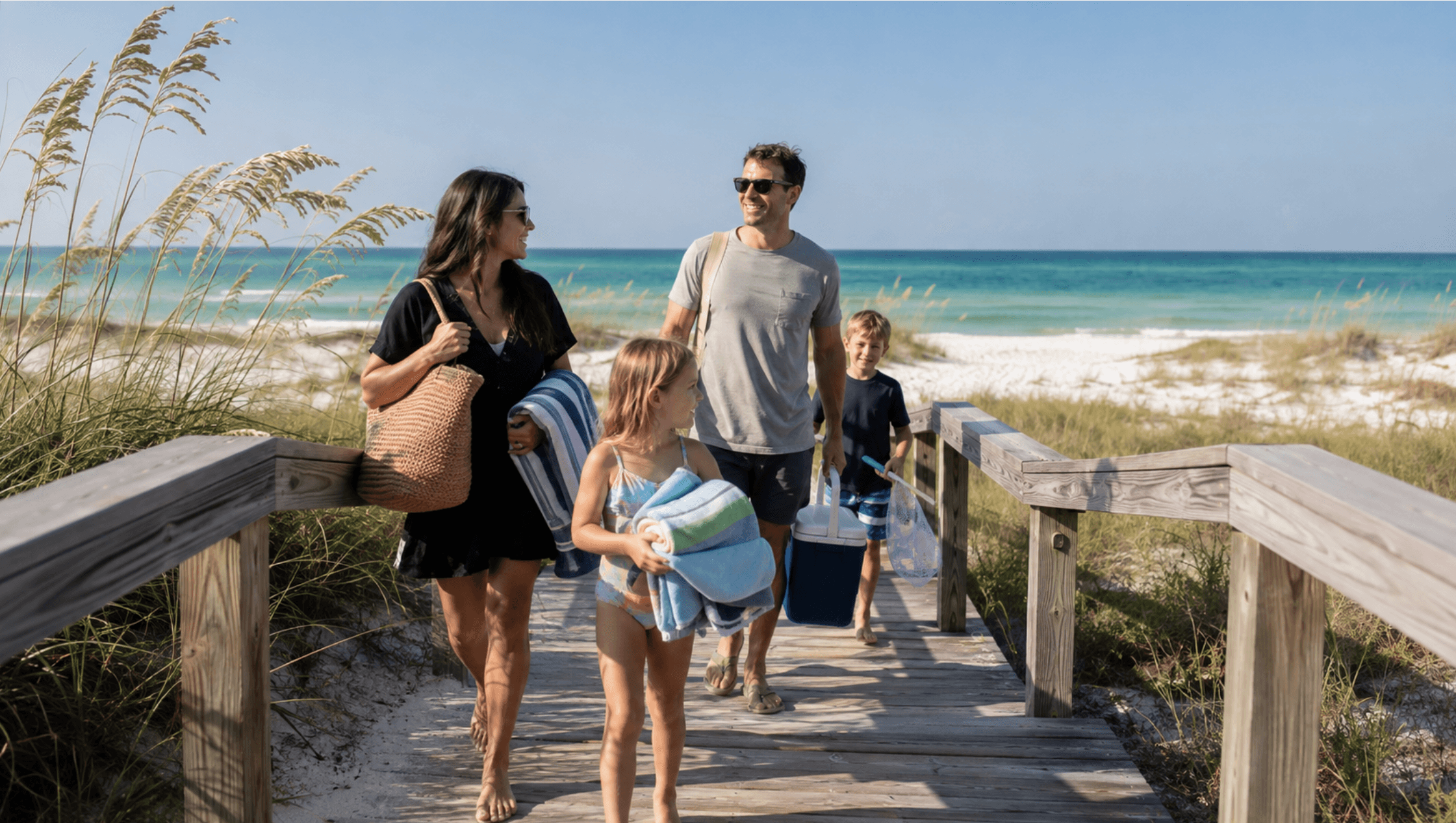 Family carrying towels along a wooden boardwalk toward a white-sand Gulf beach in Destin