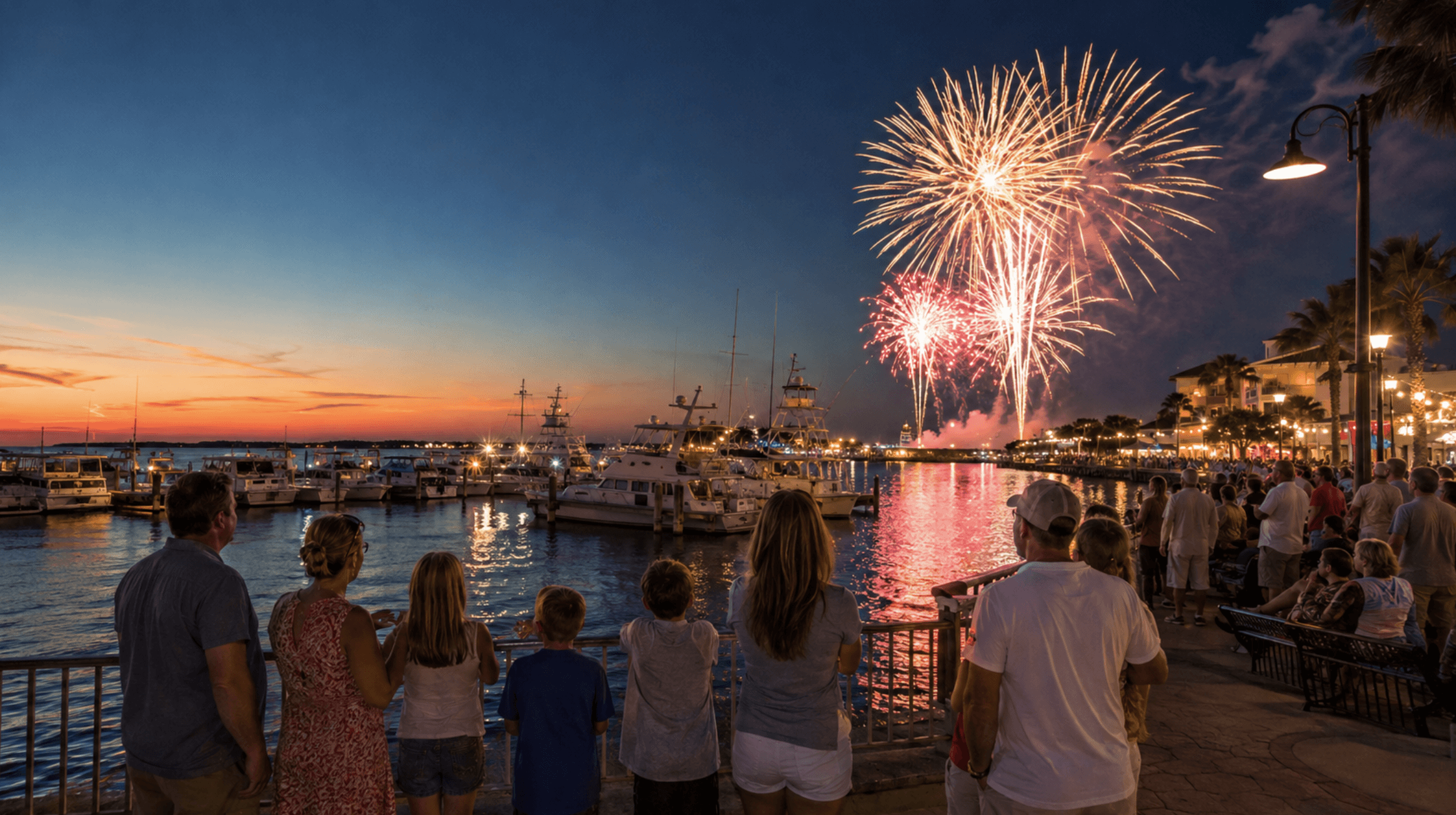 Families watching colorful fireworks over a Florida harbor with boats and waterfront lights