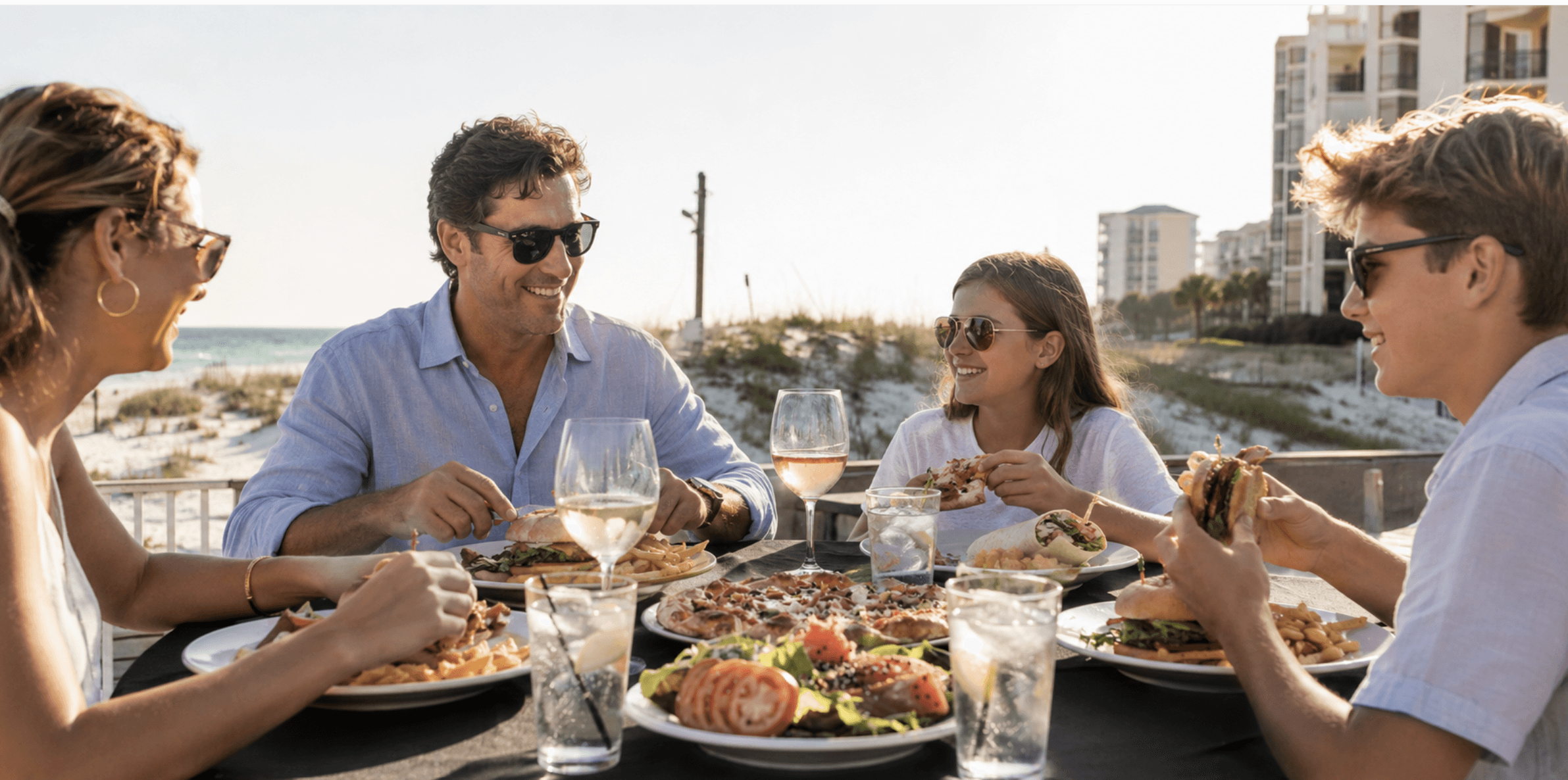 Family enjoying a relaxed open-air meal near the beach in Destin Florida