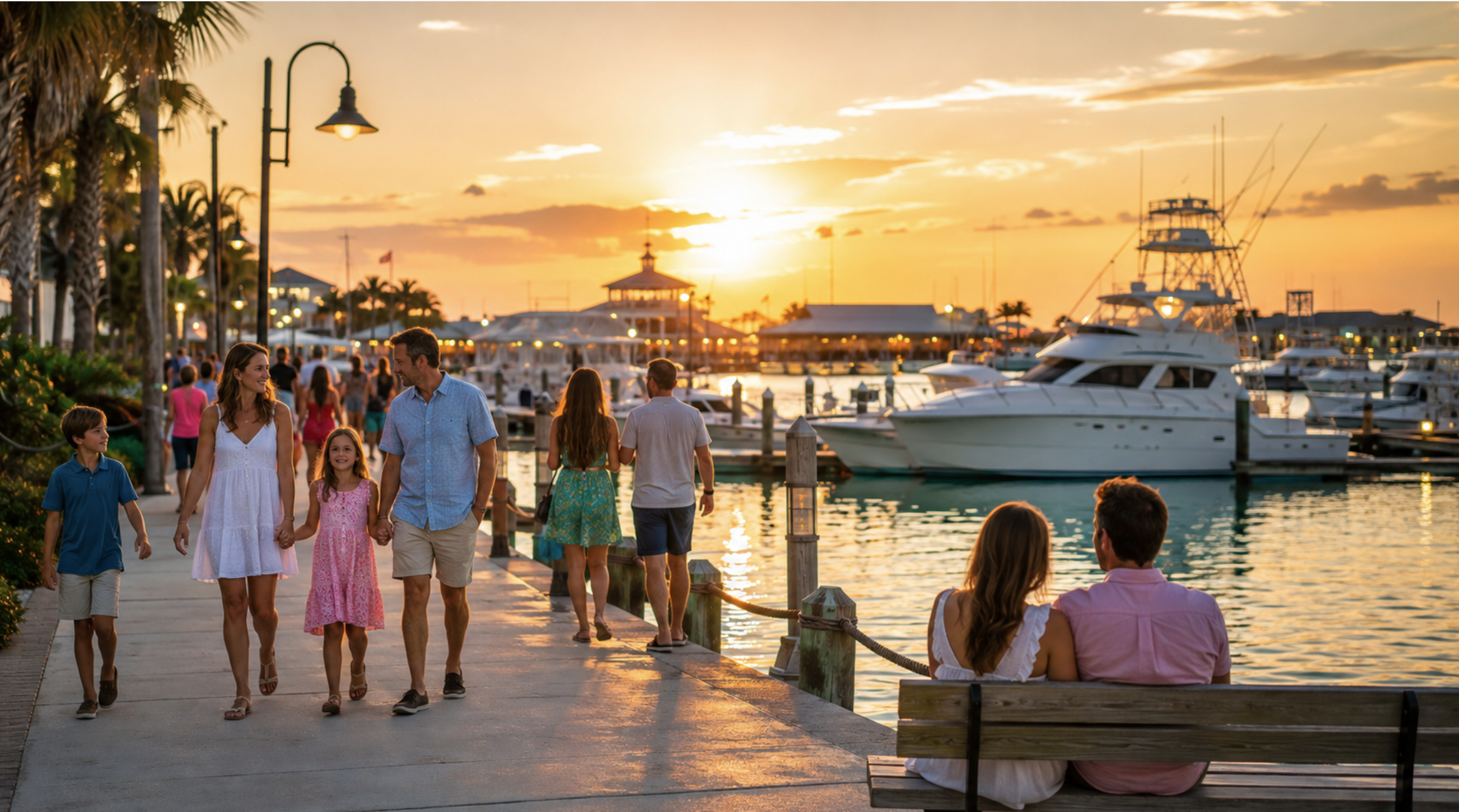 Families walking beside Destin Harbor near HarborWalk Village at sunset