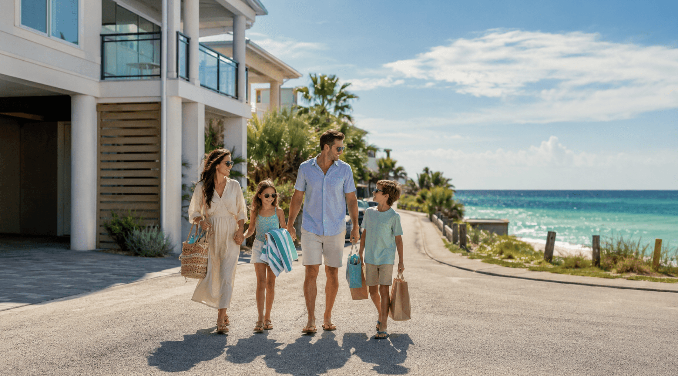 Family carrying beach towels and shopping bags during a Miramar Beach outing