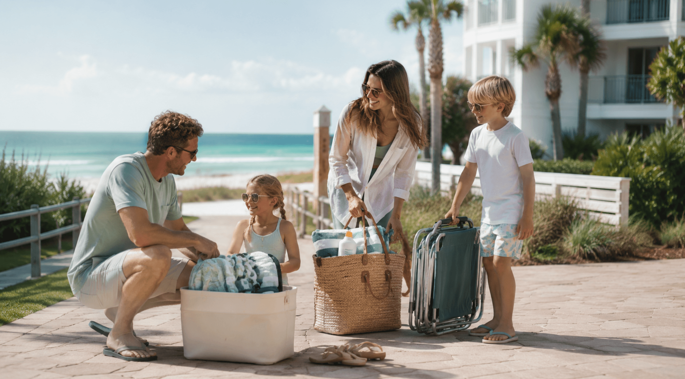 Family preparing for a day of activities near Pelican Beach Resort