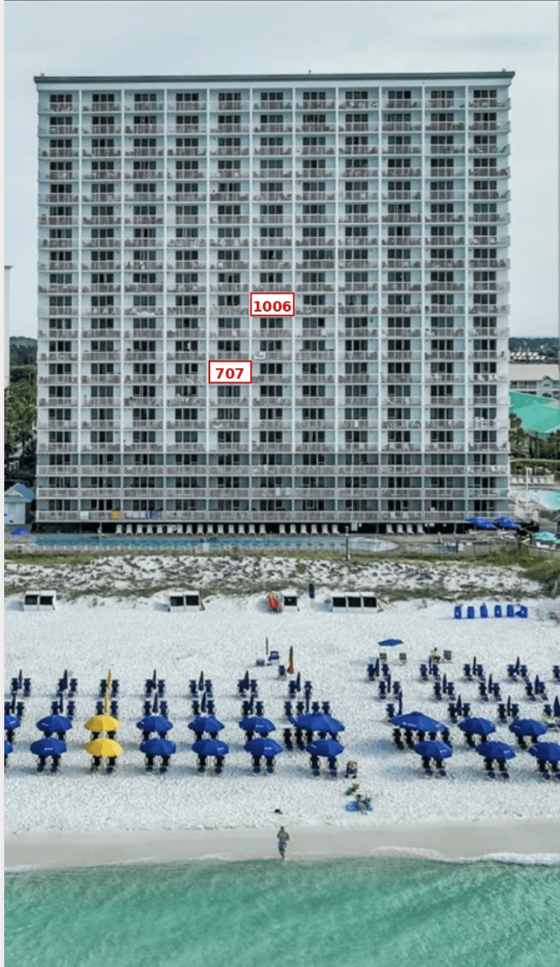 Pelican Beach Resort Gulf-front building showing the relative floor positions of condos