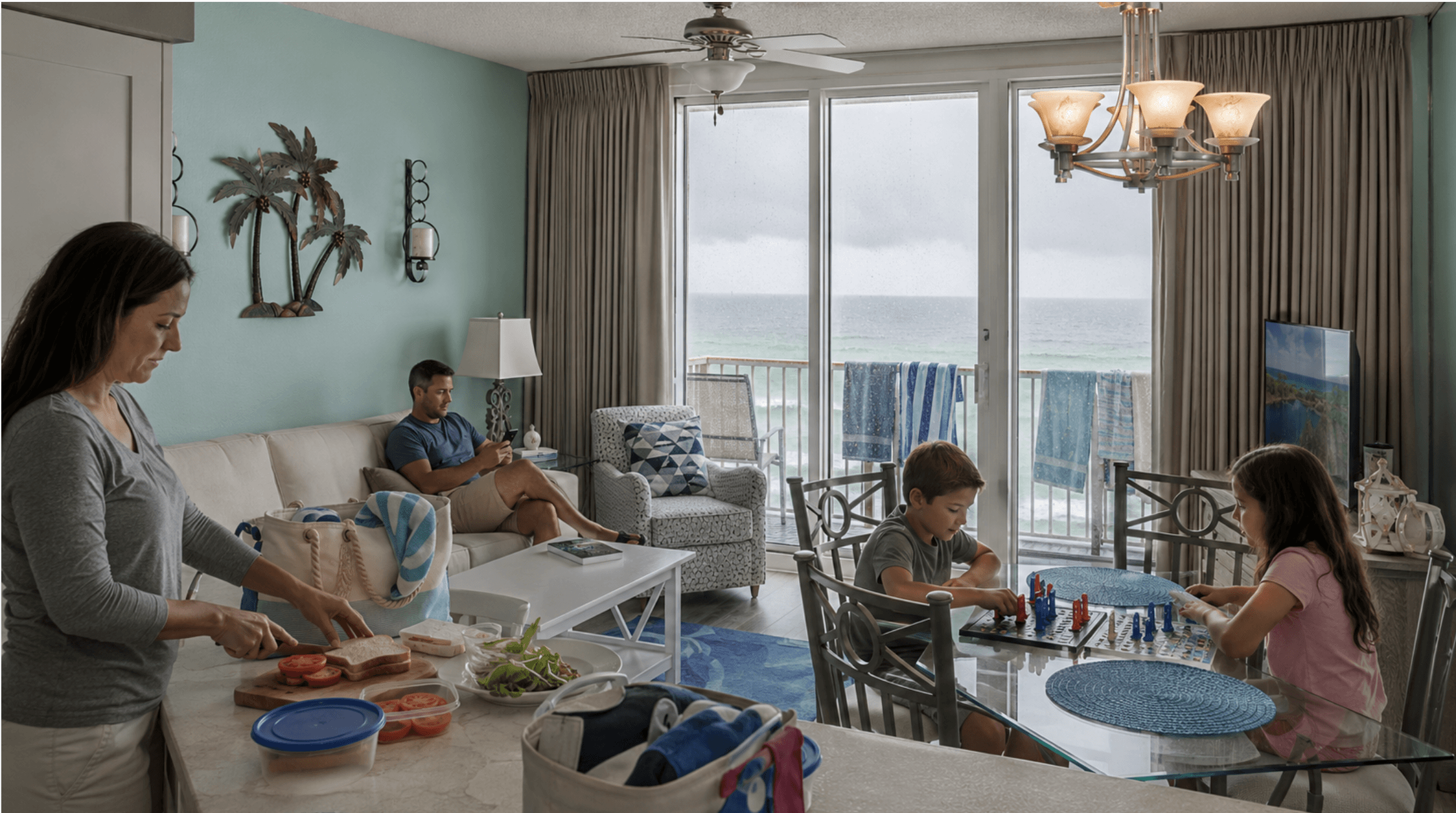 Family preparing lunch and playing a game inside a Gulf-front condo during rain
